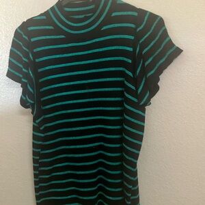 Women’s Black Tee with Teal Stripes - Classic Crew Neck